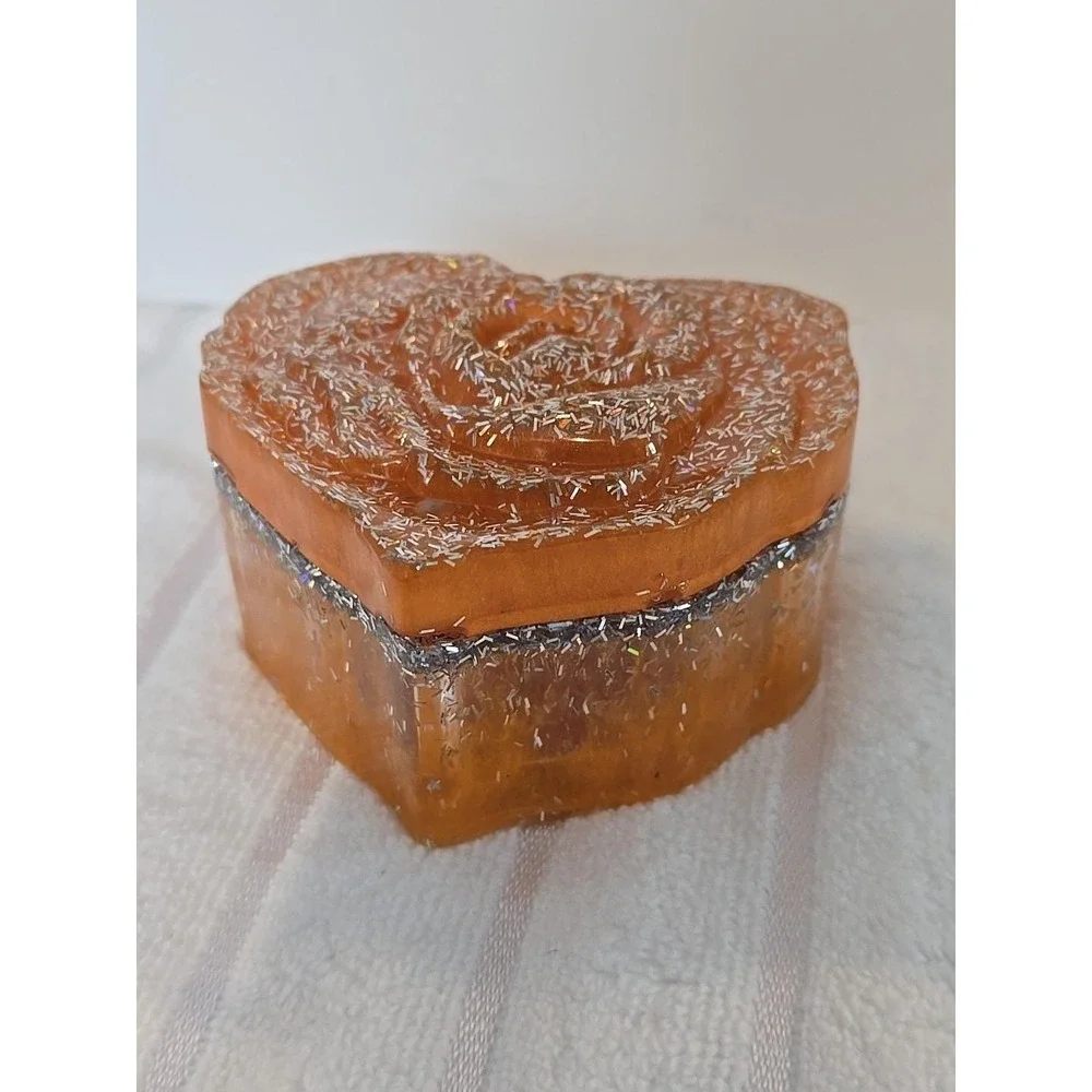 Handmade Resin Heart Shaped‎ Box With Lid Orange And Silver. 760